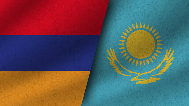 Kazakhstan and Armenia Realistic Two Flags Together, 3D Illustration