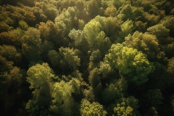 Naklejka na ściany i meble A bird's eye view of a sunlit forest during summer. Generative AI