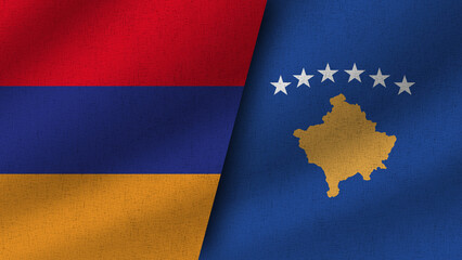 Kosovo and Armenia Realistic Two Flags Together, 3D Illustration