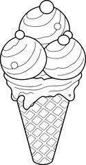 Ice cream vector illustration. Black and white outline Ice cream coloring book or page for children