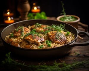 Fototapeta premium Poulet à la Crème on a bed of wild rice, topped with fresh herbs and served on a rustic wooden table