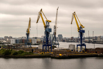 Belfast, Northern Ireland, UK. 7 June 2023. Cranes and a dry dock in the Port of Belfast, an overview.