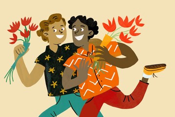 smiling Multiracial Guy Men Holding flowers