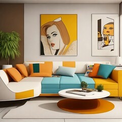 Pop art style interior design of modern living room with two beige sofas. Created with generative AI