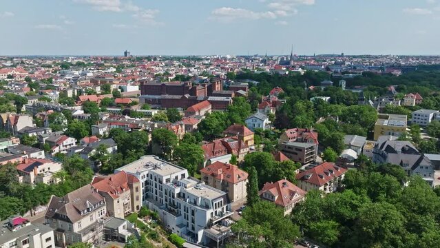 Drone shot of Gedenkst&auml;tte ROTER OCHSE or RED OCHSE Memorial in Halle (Saale) , Germany . Roter Ochse ( The Red Ox , today JVA Halle I ) is a prison in Halle (Saale)
