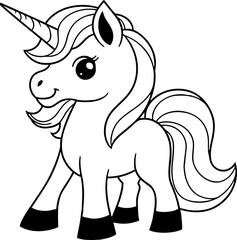 Unicorn vector illustration. Black and white outline Unicorn coloring book or page for children