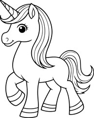 Unicorn vector illustration. Black and white outline Unicorn coloring book or page for children