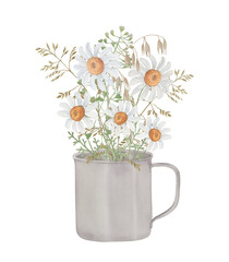 Bouquet of wild herbs and daisies in a metal cup