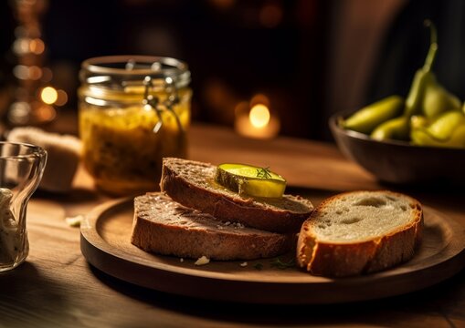 Pâté Served In A Small Crock Dish Next To A Sliced Baguette And A Bowl Of Pickles