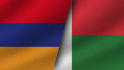 Madagascar and Armenia Realistic Two Flags Together, 3D Illustration