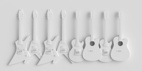 Set of electric acoustic guitars isolated on monochrome background.