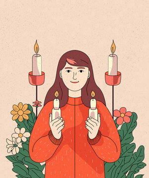 illustration of a Woman Holding Two Candles in Her Hands