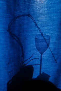 The silhouette of a glass behind the curtain.