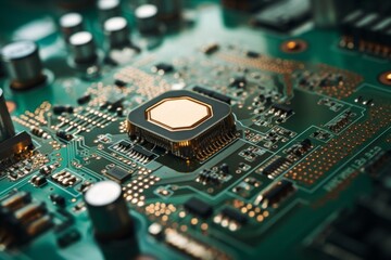 Close-up shot motherboard components printed on green circuit board with intricate soldering capture technological advance in computing progress in microchip development. Central Processing Unit CPU