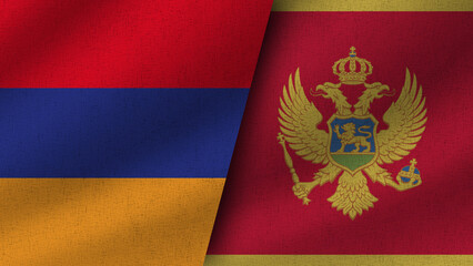 Montenegro and Armenia Realistic Two Flags Together, 3D Illustration