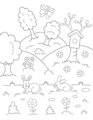 coloring sheet for kids of a spring garden with trees, a birdhouse and bunnies. you can print it on standard 8.5x11 paper