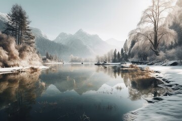 Gorgeous winter panorama with mountains, trees, and a glistening lake. Perfect place for a wintry stroll. Generative AI