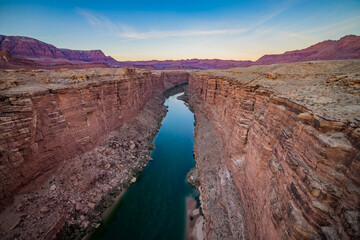 Marble Canyon and Colorado River with reflections at sunset viewed from Historic Navajo Bridge | Arizona, USA