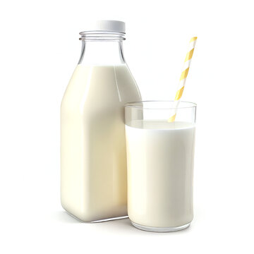 fresh glass of milk and bottle with straw isolated on white background in png format studio close up minimalist packshot mode. AI Generative image