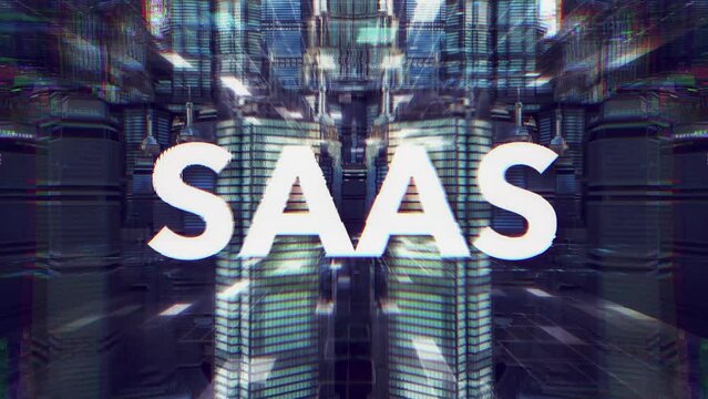 SAAS type set against a beautiful abstract city  landscape. The metropolis is huge with moving and twisting buildings. A abstract business / technology concept. 