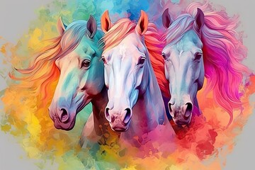 Obraz na płótnie Canvas watercolor colorful drawn horses