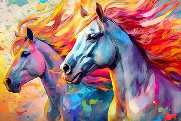 watercolor colorful drawn horses