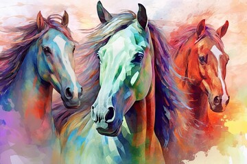 watercolor  colorful drawn horses