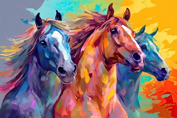 Fototapeta na wymiar watercolor colorful drawn horses