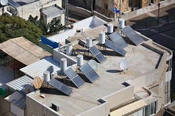 Roof solar powered water heating in Haifa, Israel.