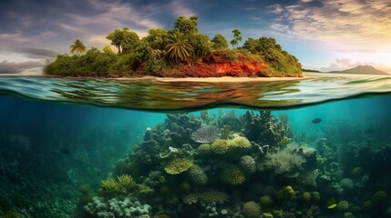 Tropical Island And Coral Reef Split