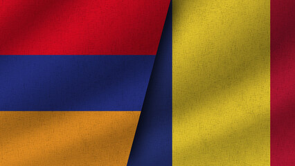 Romania and Armenia Realistic Two Flags Together, 3D Illustration