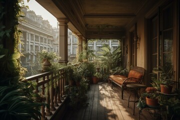 A furnished veranda surrounded by plants overlooking balconies. Generative AI - obrazy, fototapety, plakaty