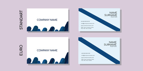 Business card template design. address. name. surname. phone number. A minimal elegant set of creative brand contact information in a vector illustration. blue shades. unusual style.
