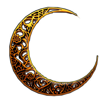 Illustration of a Crescent Moon Engraved in Gold Color