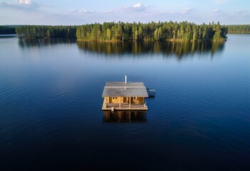 Fototapeta na wymiar Drone Photography of A Sauna floating on a Swedish