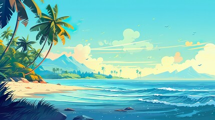 Sunny Tropical Beach With Palm Leaves And Paradise © Yzid ART