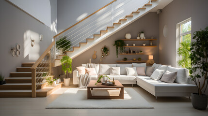 living room, staircase to loft, landing, white and beige colors, modern, mininal, interior design Generative AI