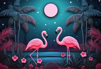 moon and flamingo background design with tropical