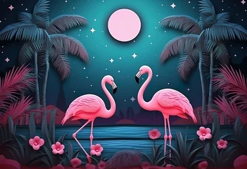 Foto op Canvas moon and flamingo background design with tropical © Yzid ART