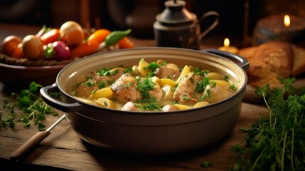 Blanquette de Veau in a rustic clay pot, surrounded by fresh vegetables and herbs on a wooden table