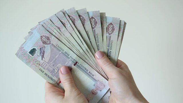 Woman counting AED dirhams in hands