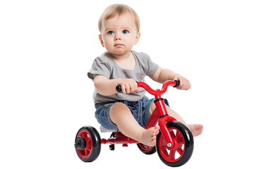 Baby on a tricycle isolated on transparent or white background. Fictional person. Generative AI - obrazy, fototapety, plakaty