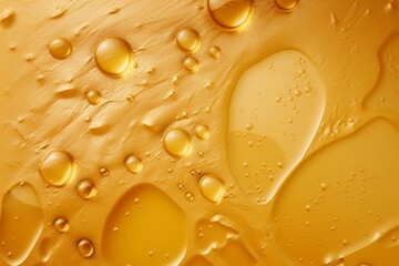 Beige background with golden oil stains, serum droplets, and honey. Collagen bubbles create mockup liquid with yellow cosmetic or food oil drops. Top view on clear yellow water puddles. Generative AI