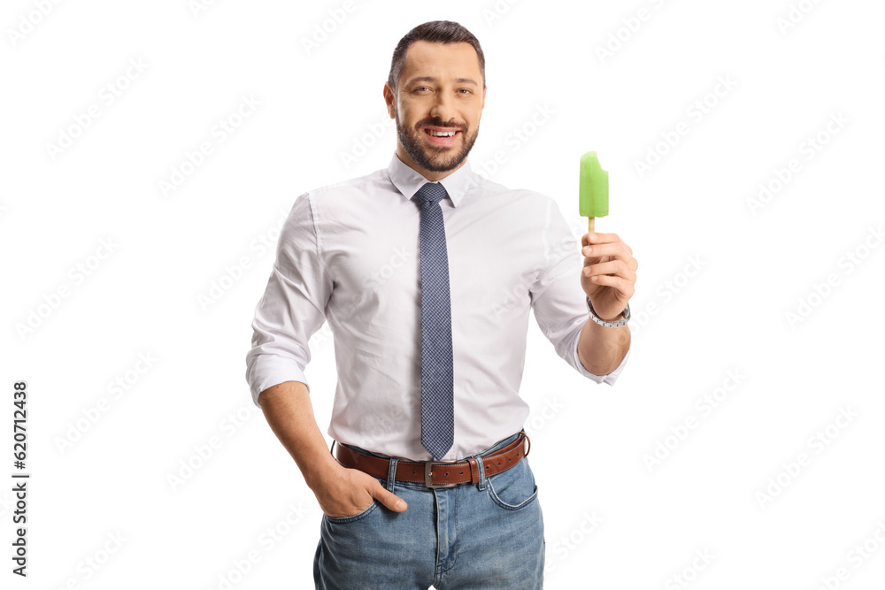 Sticker Young man holding an ice pop and smiling