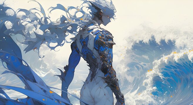 Candid cinematic displayed devilishly beautiful futuristic warrior woman with tight muscles stand with back to the stormy sea. japanese animation style art illustration. generative AI