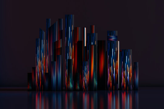 Background of buildings at night with colored lines