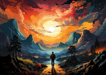A Colorful Painting of a Man Walking Toward a Sun Setting Behind Mountains Generative AI