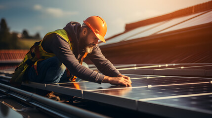 Man worker installing solar panels on roof