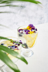 Iced soda with lemon and edible flowers under palm leaves on a bright sunny day. Summer cold cocktails and drinks. Detox water.