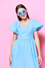 woman blue studio model portrait young pink dress beautiful style fashion